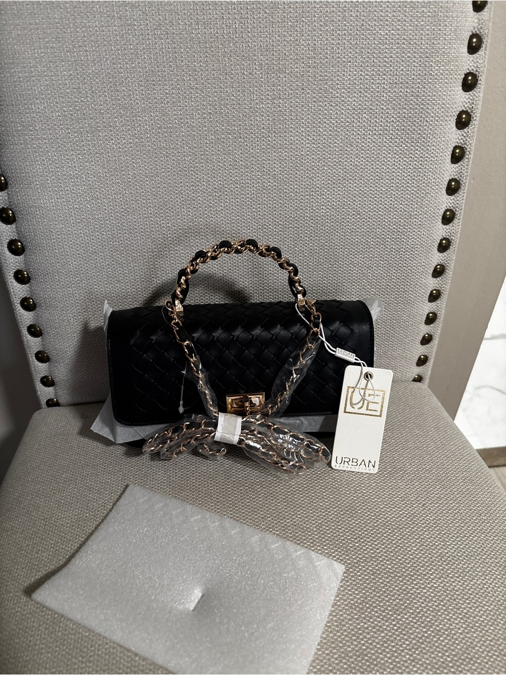 Urban Outfitters Black Woven Leather Shoulder Bag with Gold Chain